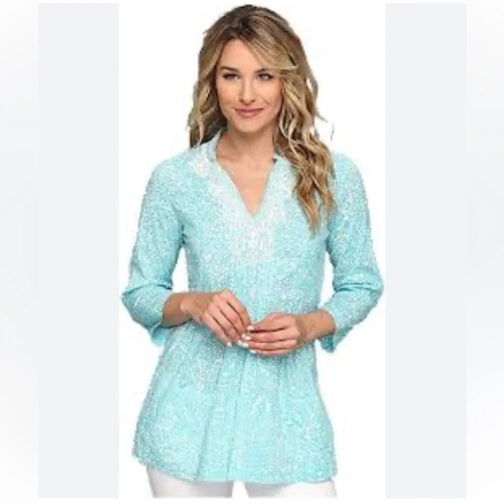 Lilly Pulitzer Sarasota Beaded Tunic Shorely‎ Blue Ice Cake Pattern Coverup Top